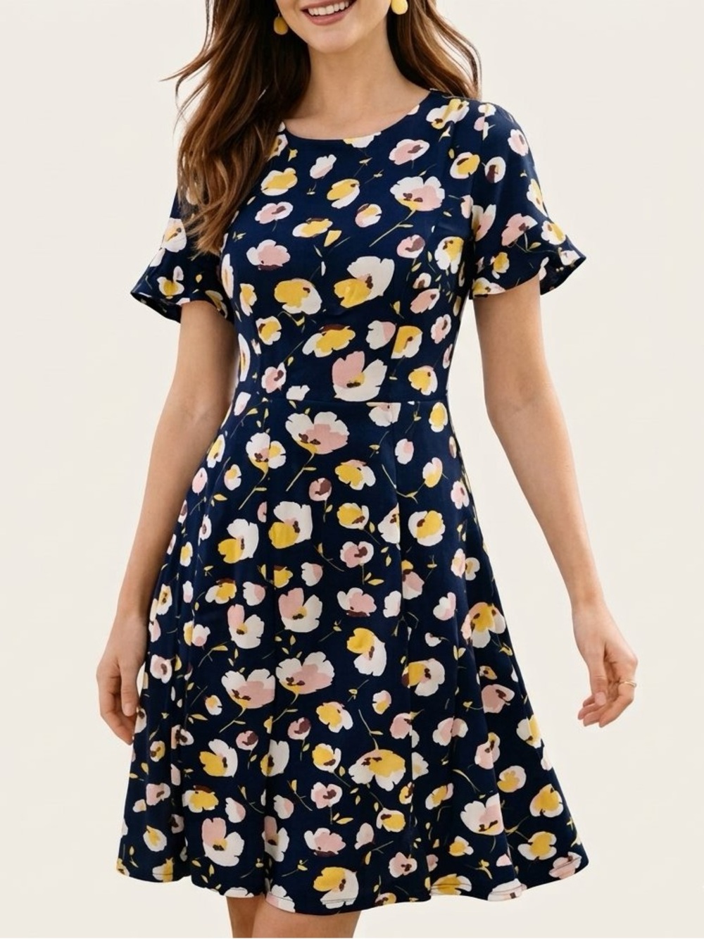 Boden Alexis Jersey Dress Navy Blue Yellow Floral Print Flutter Sleeve Size 8P